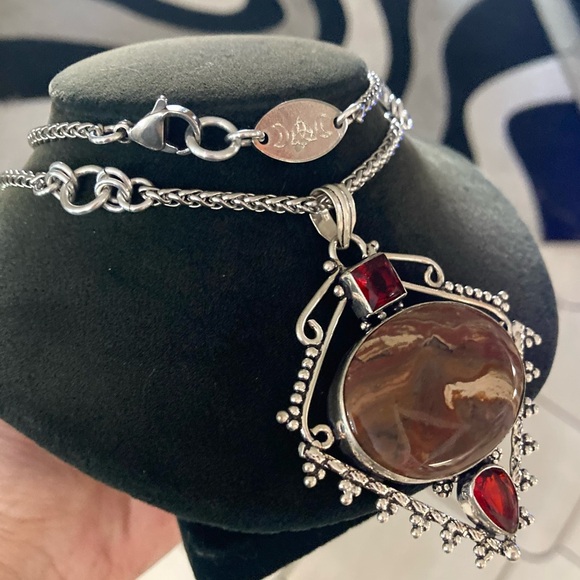 925 sterling silver overlay genuine red jasper stone boho steel chain necklace - Picture 3 of 13